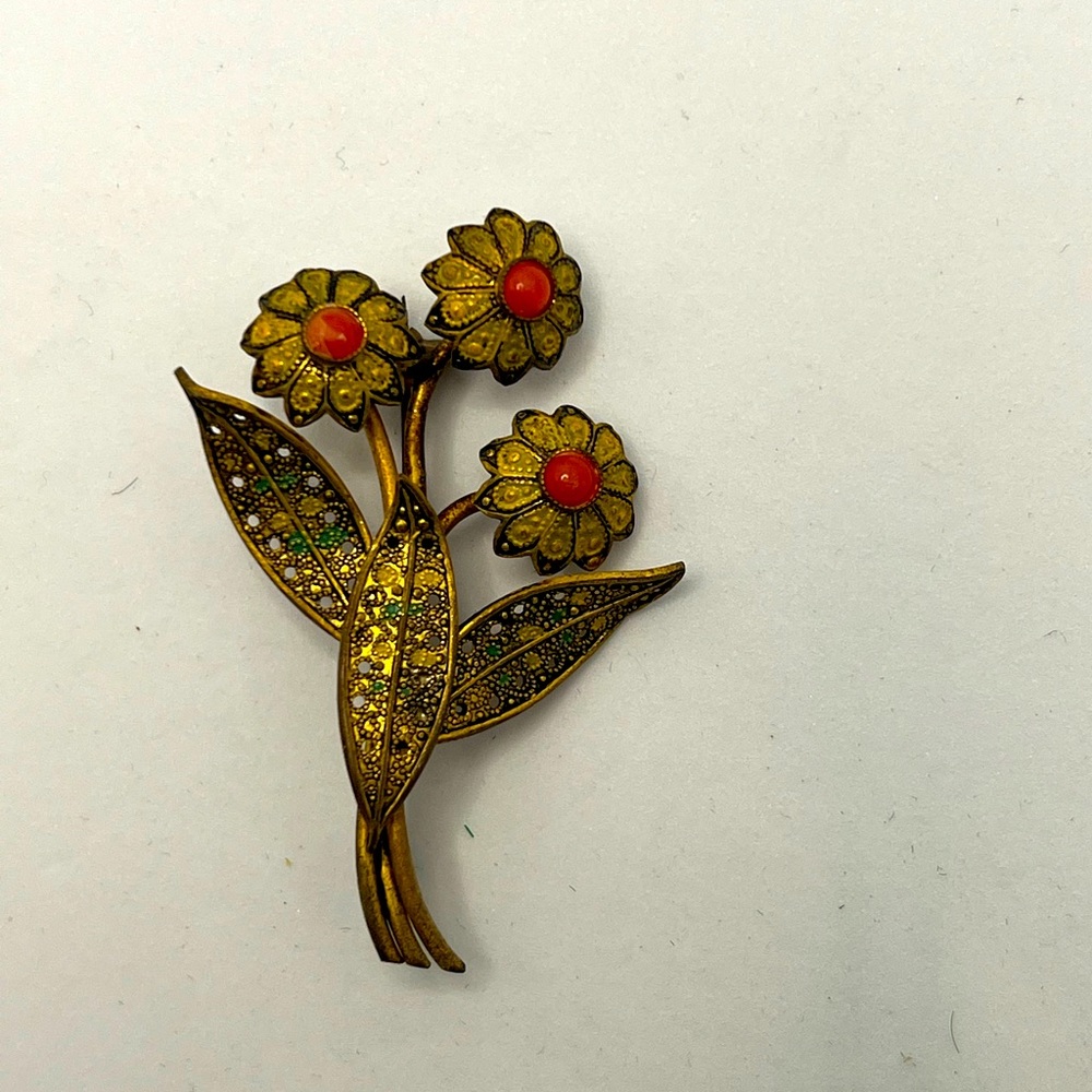 Vintage Floral Bird Brooch Spain Gold Tone